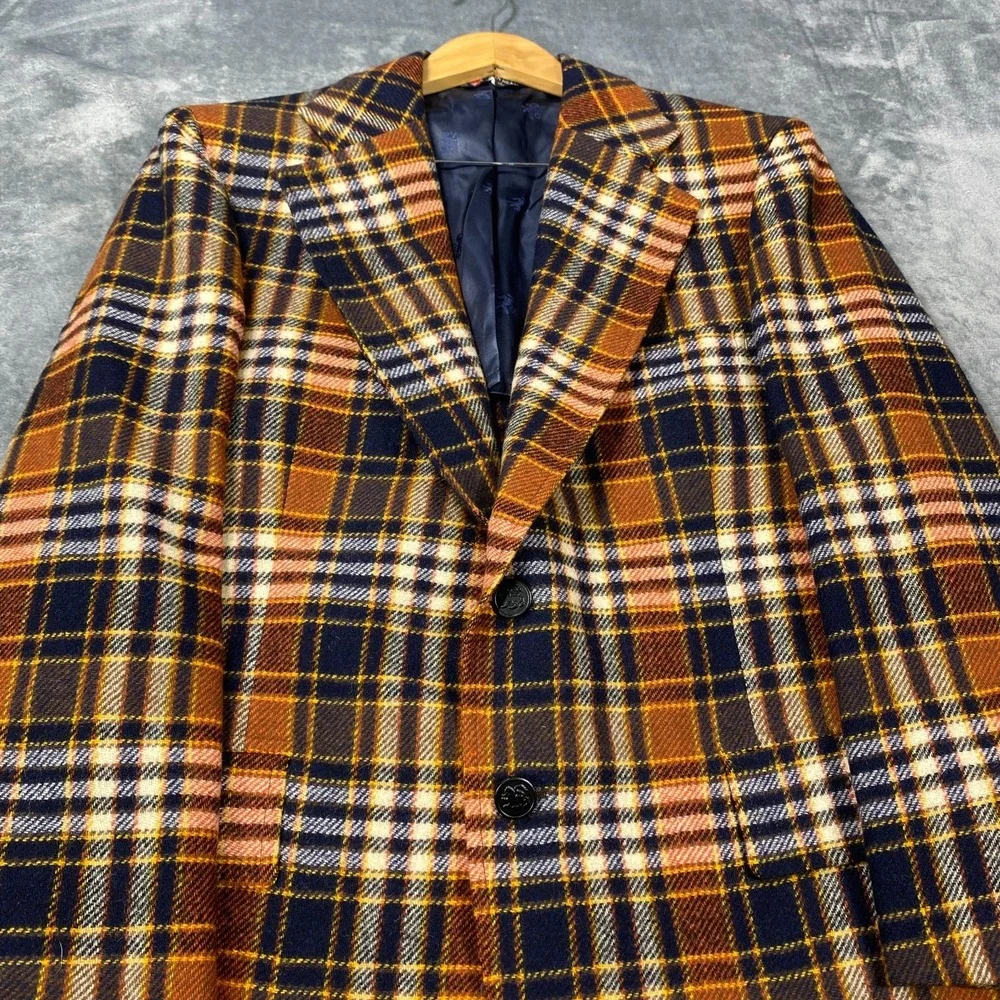 Vintage Austin Reed Blazer Sport Coat Jacket Mens 42L Orange Blue Plaid 60s 70s